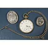J W Benson silver cased pocket watch, watch chain and two silver lockets