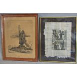 Twelve framed works to include: ancient Egyptian style gilt and ink painting, 25 x 33 cm; pen on