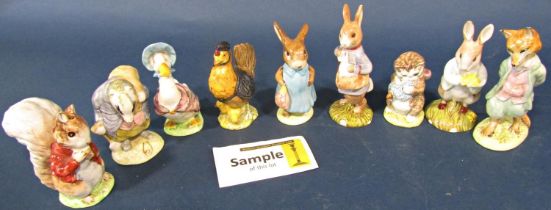 Thirteen Royal Albert Beatrix Potter figures (brown back stamp) including Mr McGregor, four with