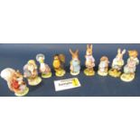 Thirteen Royal Albert Beatrix Potter figures (brown back stamp) including Mr McGregor, four with