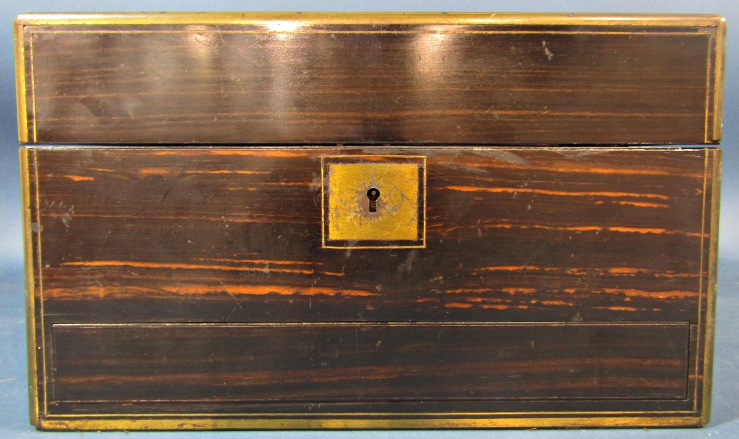 A mid Victorian period coromandel wood and brass banded travelling box, the rising lid fitted with - Bild 5 aus 6