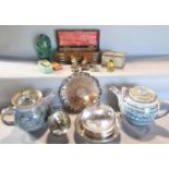 A miscellaneous collection of items including two studio pottery teapots, a green glass dump, a