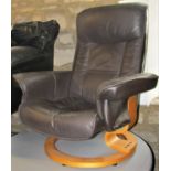 A Stressless style contemporary adjustable dark brown soft stitched leather upholstered lounge chair