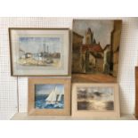Four paintings (two oil, two watercolour) to include: Claud Thibeaux - 'Donjon de Moret-sur-Loing'