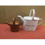 A Victorian country house hot water can with original simulated oak finish, inscribed 'Hot Water',