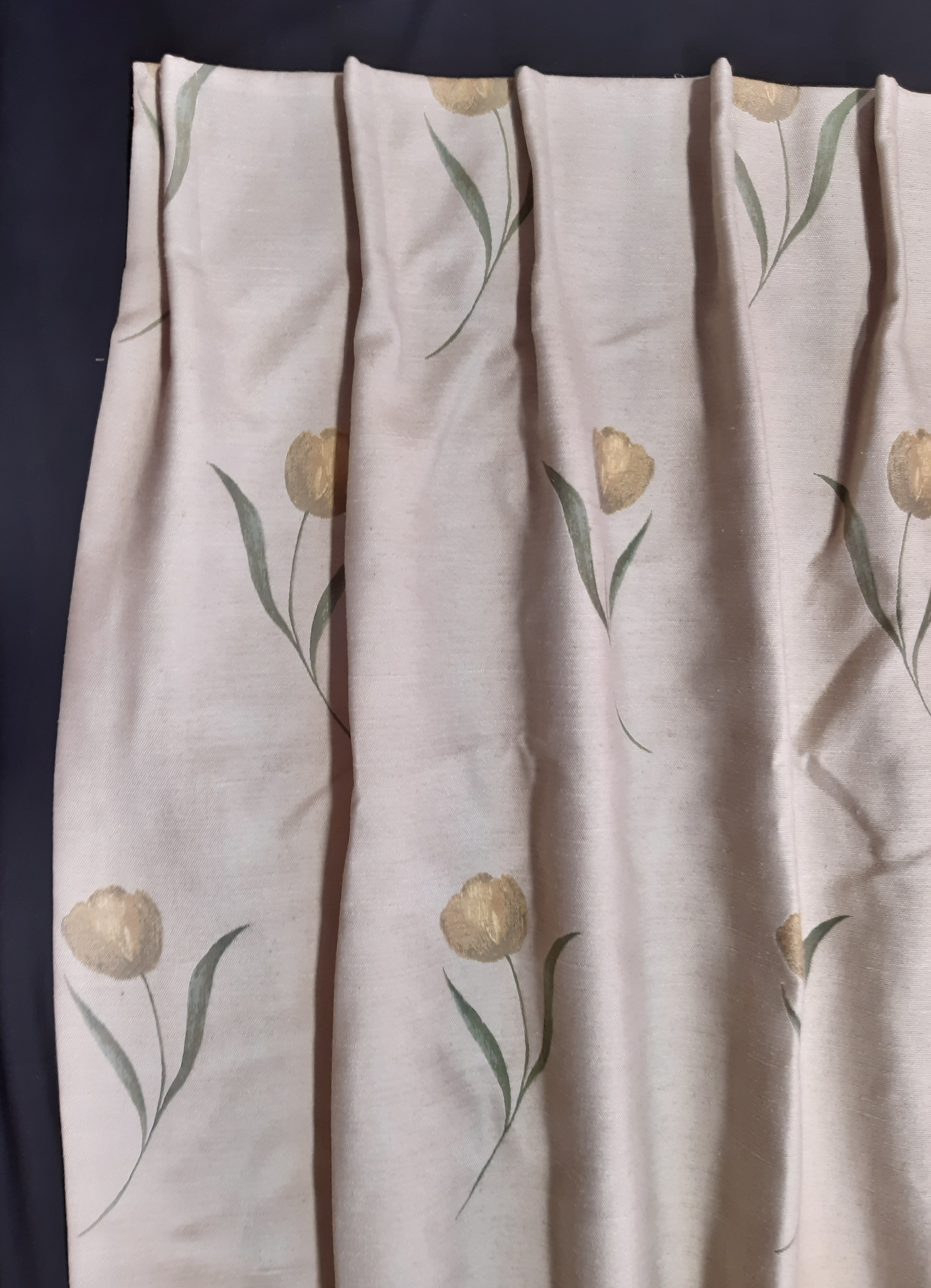 4 pairs of good quality modern curtains with yellow tulip pattern woven on neutral ground.