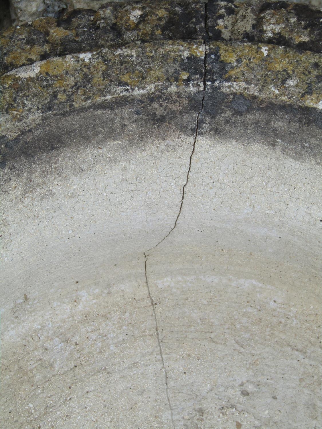 A pair of weathered cast composition stone garden urns, squat circular bowls with flared egg and - Image 3 of 3