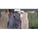A large collection of men's outdoor clothing including 4 waistcoats/gillets by Orvis in leather