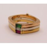 18ct tri-colour hinged puzzle type ring, multi gem set with baguette-cut stones, size K, 9.2g