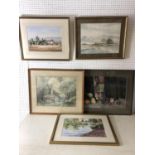 Five framed watercolours on paper to include: Vernon Holmes (20th century) - 'The Goat Farm', signed