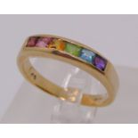 9ct channel set multi-gem half hoop ring, size P, 3g