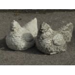 Two cast composition stone garden ornaments in the form of nesting/roosting hens with well
