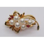 Vintage 14ct pearl, ruby and diamond spray brooch / pendant, 7.1g