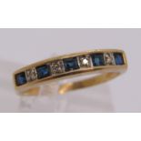 9ct sapphire and diamond half hoop ring, size O, 1.9g