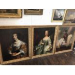 Three large portrait paintings digital printed on canvas in matching moulded gilt frames, approx. 97