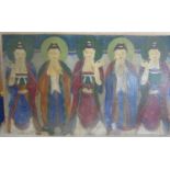 Five Buddhas (possibly Korean), polychrome/gouache on silk with faint gilt border, 121 x 74 cm,