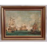 Two framed oleograph prints of naval scenes; together with; Anthony Harper - oil on board, signed