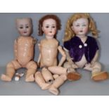 Three early 20th century German bisque head dolls for restoration and re-stringing comprising;