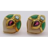 Pair of 18ct Bulgari style gem set earrings with clip fastenings, 16.2g