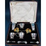 A cased set of six salt, pepper and mustard pots with original spoons and glass liners, Sheffield