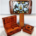 A walnut and maple wood jewellery box, a parquetry overlaid trinket box, a cribbage board and