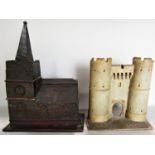 A naïve wooden model of church, 27cm x 37cm high, and a flat backed model of a castle’s gateway