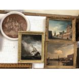 Four framed prints to include - three in moulded gilt frames: maritime print on canvas, town