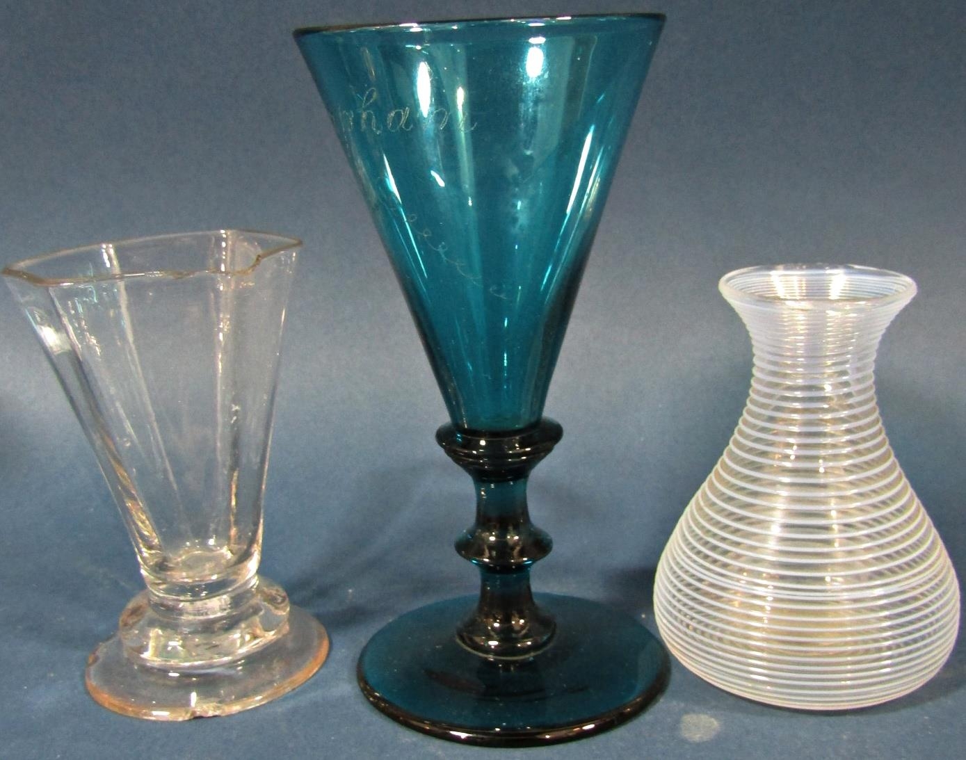 A Georgian facetted baluster wine glass on a facetted stem, a conical shaped wine glass with two - Bild 2 aus 4