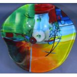A large 'Summer hat' shaped, brightly multicoloured glass fruit bowl, 47cm wide.