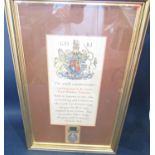 A framed George VI commemorative scroll acknowledging the death of 2nd Lieutenant N.K. Carter