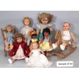 A large collection of vintage celluloid and plastic dolls including 2 Italian dolls by Bonomi in