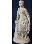 A 19th century Parian figure of a female in classical dress leaning upon a tambourine, raised on