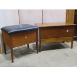 A 1970s teak sewing box stool with hinged upholstered lid raised on tapered supports, together