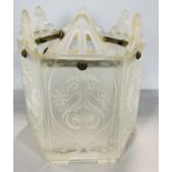 An Art Nouveau hexagonal frosted glass light shade, 21cm high x 18cm wide.