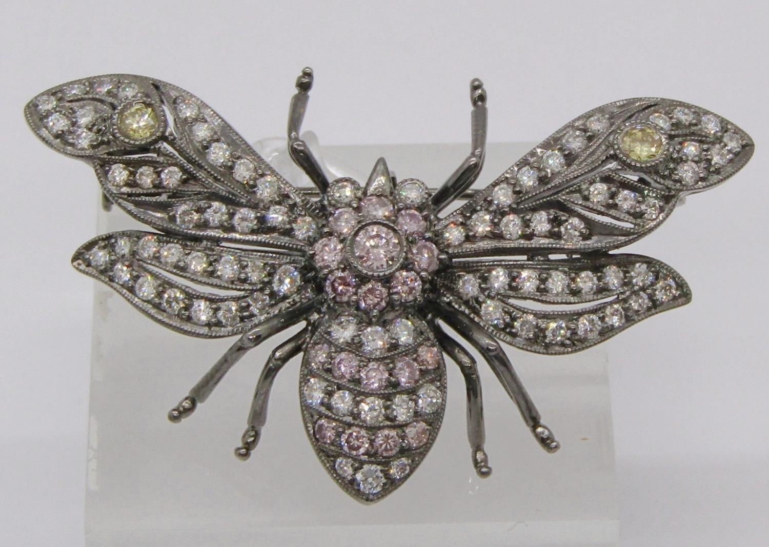 18ct black gold novelty bee brooch / pendant set with fancy coloured diamonds, three largest