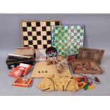 Box of vintage toys and games including skipping ropes, draughts, chess, 'Richter Anchor Box' of