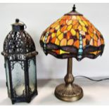 A Tiffany style Dragonfly lamp with bronze effect and glass shade, 45cm high, and a Middle Eastern