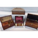 A 19th century walnut and brass banded domed stationery box, a mahogany and rosewood beaded tea