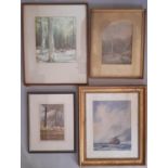 Three framed watercolours and one print to include: Woodland scene, signed 'Johnson' lower right,