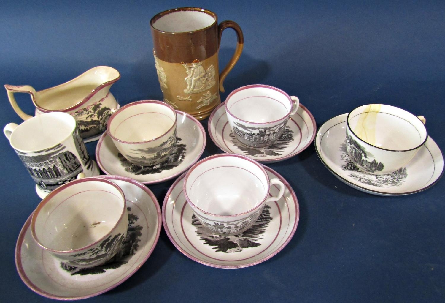 A collection of 19th century Sunderland Lustre tea wares with monochrome detail showing country