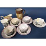A collection of 19th century Sunderland Lustre tea wares with monochrome detail showing country