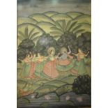 20th century Indian watercolour painting of young woman and man dancing in exotic landscape with