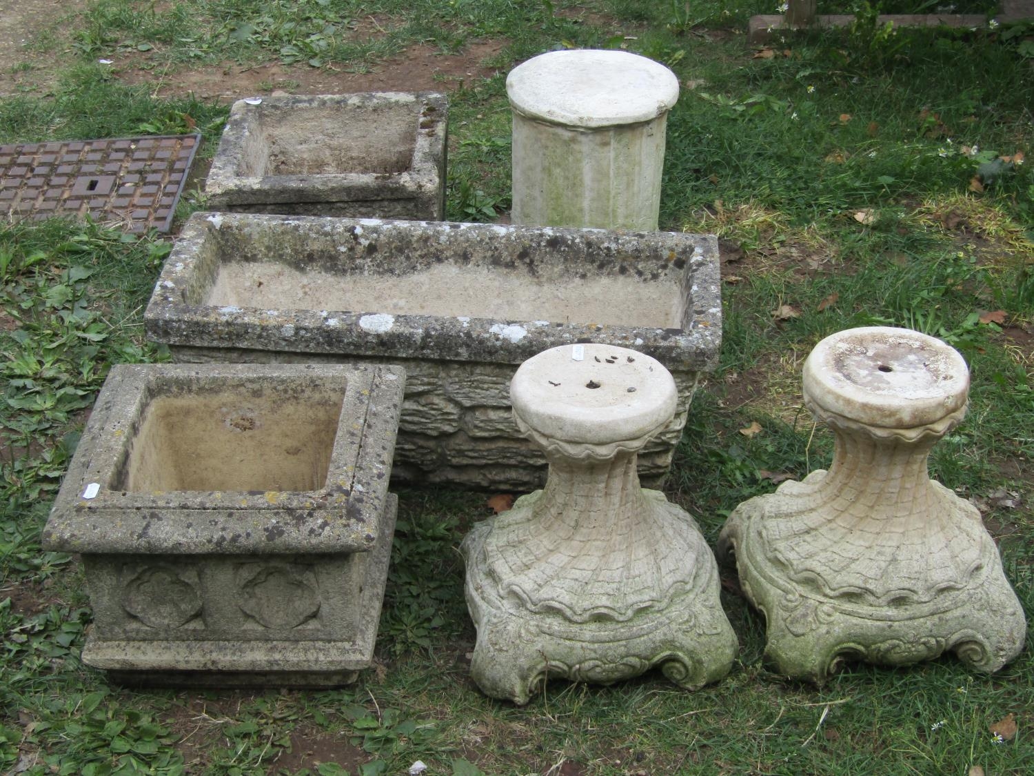 Three weathered cast composition stone planters of various size and design, one with gothic - Image 2 of 2