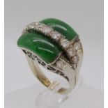 Art Deco style white metal jade and diamond cocktail ring, diamonds 0.07cts each approx, size L, 7g