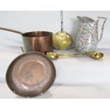 A large high sided vintage copper sauce pan 16.5 cm high x 25.5cm diam , two brass ladles, wrought