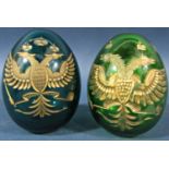 Two green cut glass gilded Faberge style Easter eggs, bearing the Russian Imperial double headed