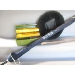 A three piece Strike 1874 fishing rod in a bag, a keeping net and a tackle box with a Daiwa reel and