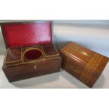 A 19th century mahogany tea caddy with rosewood interior caddys lacking mixing bowl, and a Victorian