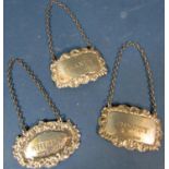 Three silver drinks labels, Sherry, Whiskey, Brandy, two hallmarked and one stamped sterling 925,
