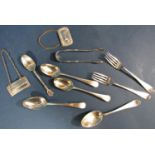 A mixed selection of silver consisting five various teaspoons, two cake forks, sugar tong, two